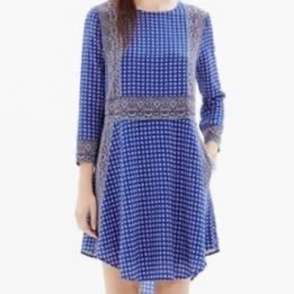 Madewell Blue Silk Ascot Grid Dress